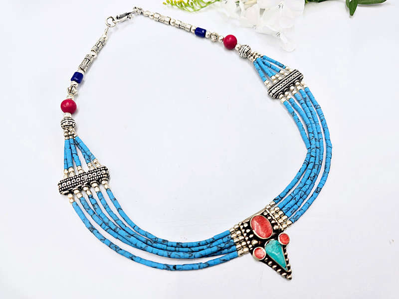 Tibetan Choker Necklace Layered Turquoise C