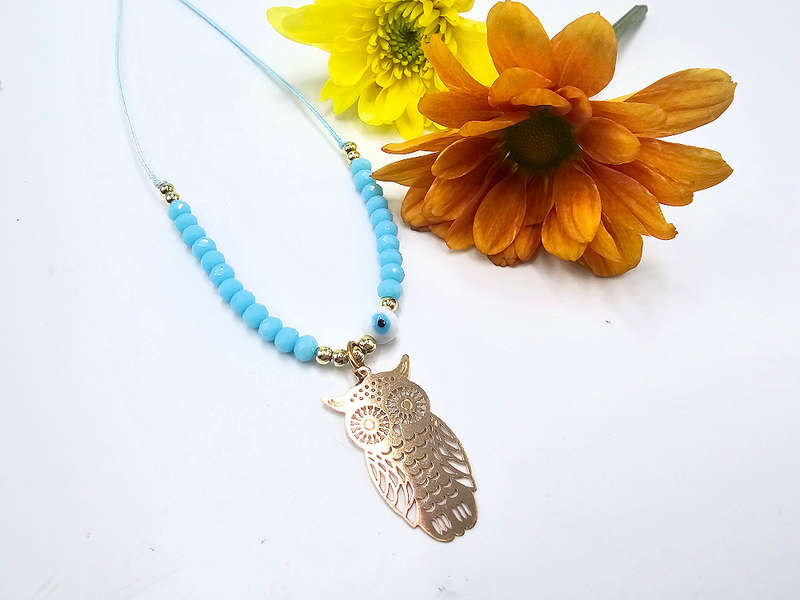 Owl Necklace Blue Evil Eye (Gold)