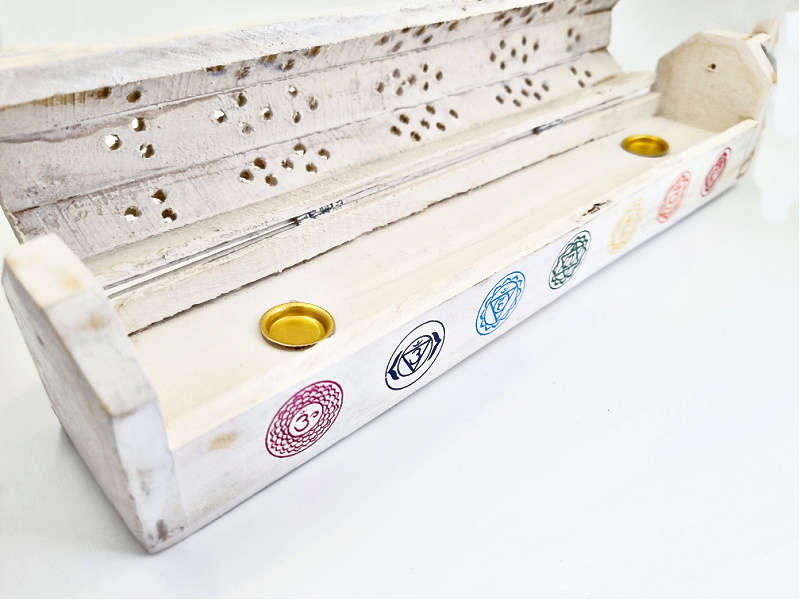 Horizontal Chakra Wooden Incense Box (White)