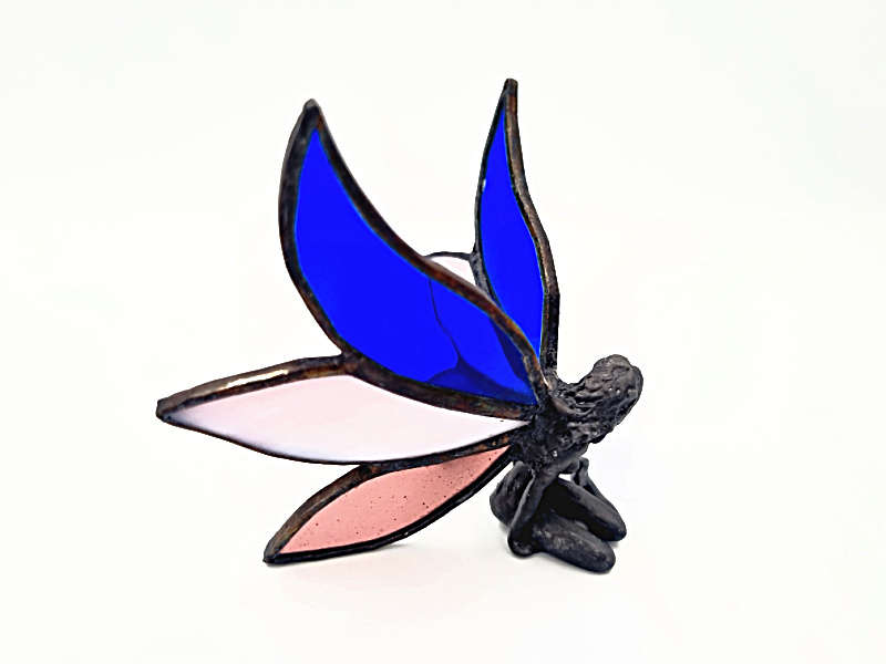 Blue &amp; Pink Stained Glass Sitting Fairy