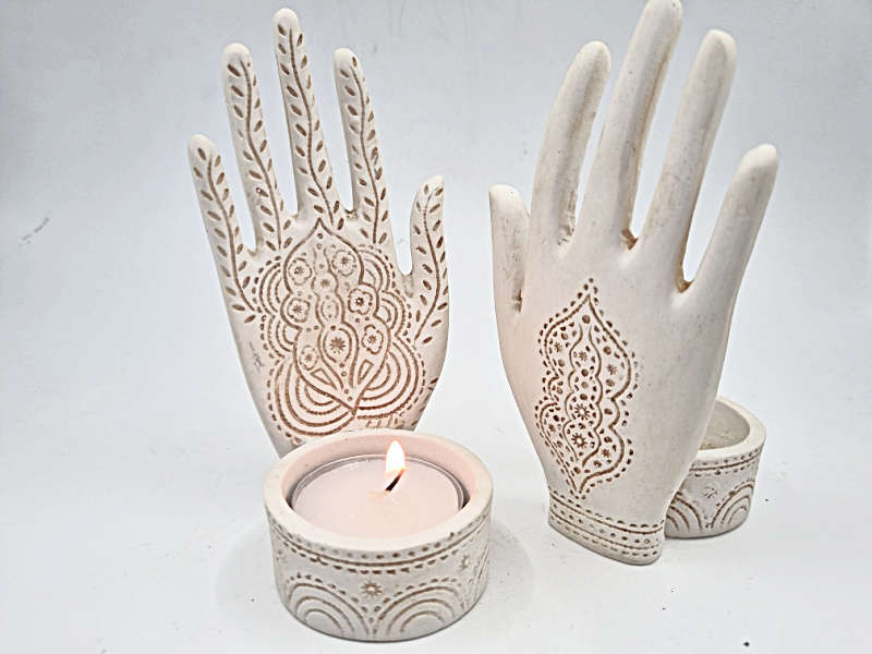 Hand Tealight Candle Holder - Mehndi Carved  (13cm)