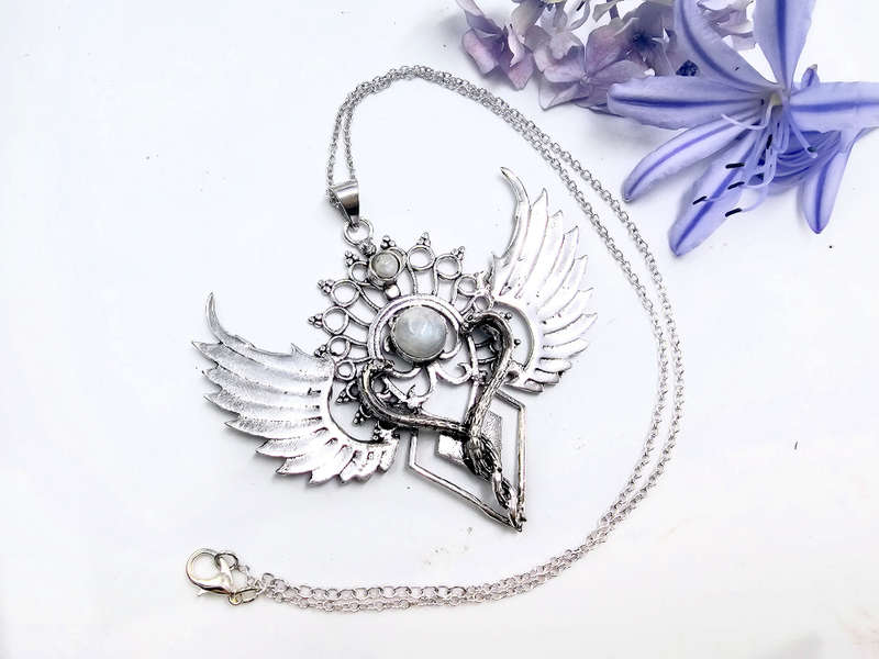 Winged Rainbow Moonstone Necklace (White Brass)