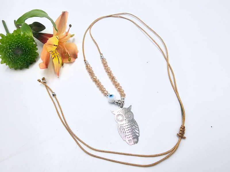 Owl Necklace Tan Evil Eye (Silver)