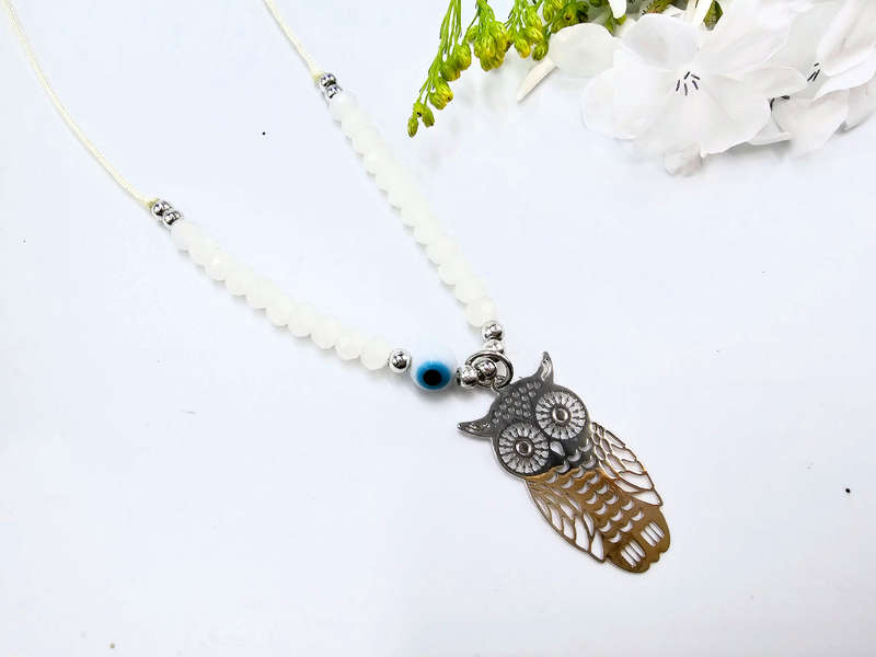 Owl Necklace Cream Evil Eye (Silver)