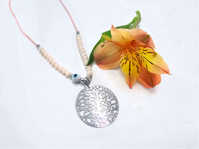 Tree of Life Necklace Pink Evil Eye (Silver)