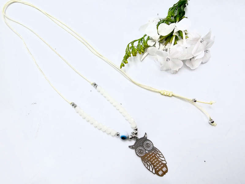 Owl Necklace Cream Evil Eye (Silver)
