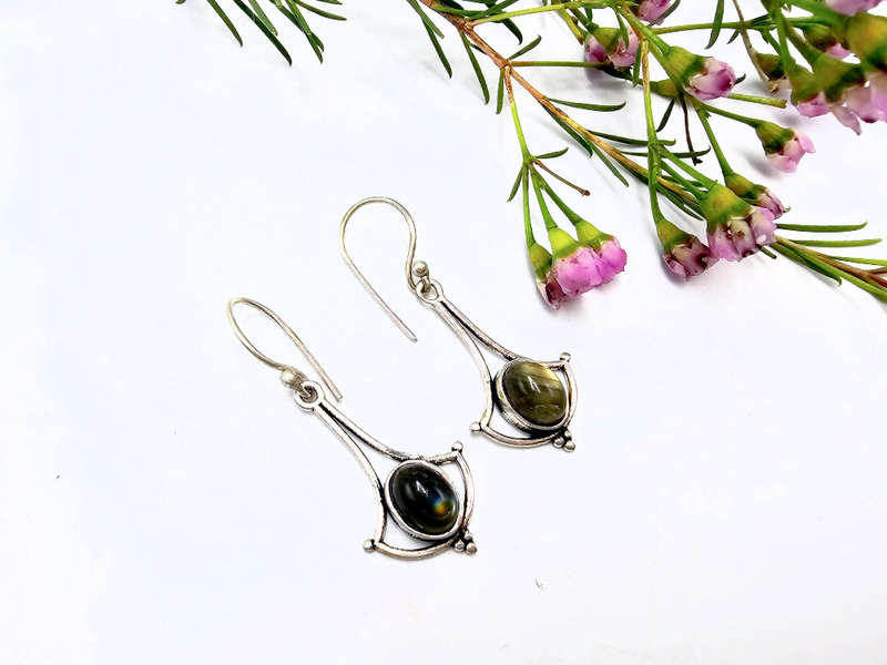 Labradorite Earrings Wide Drop