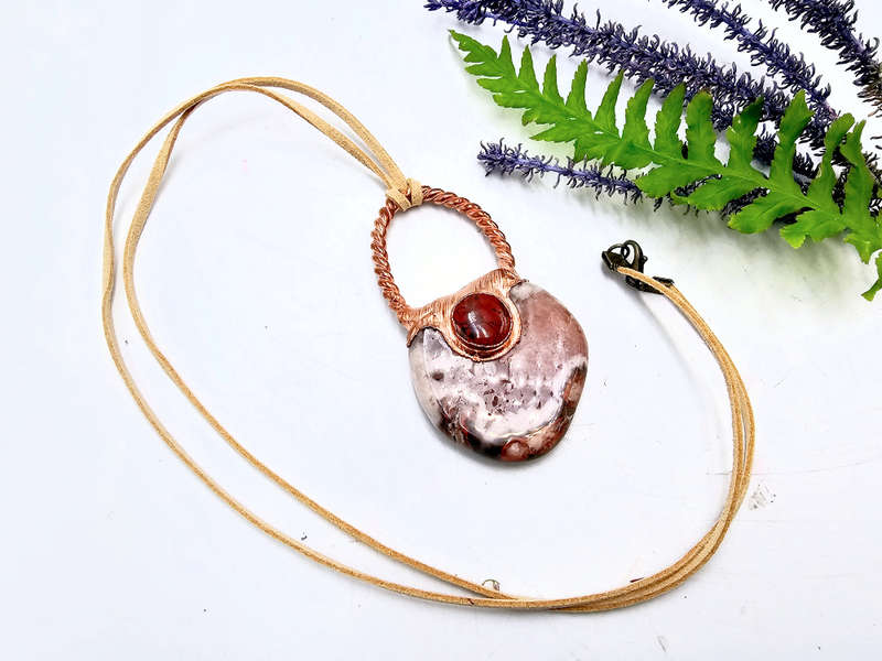 Pink Amethyst &amp; Red Jasper Large Copper Pendant