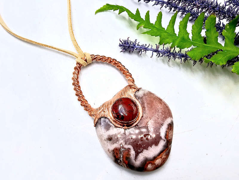 Pink Amethyst &amp; Red Jasper Large Copper Pendant