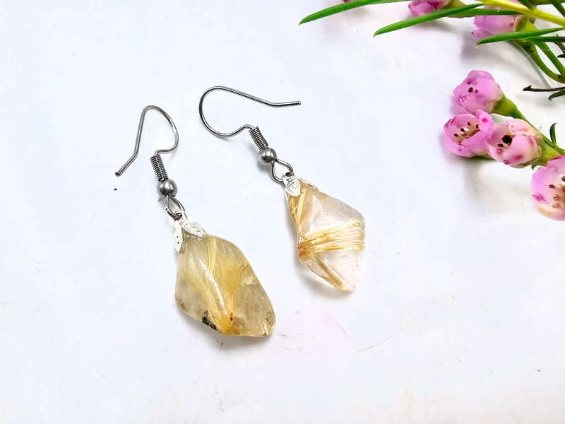 Rutilated Quartz Drop Earrings (Stainless Steel)