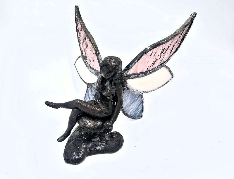 Stained Glass Fairy on Mushroom Pink &amp; Blue