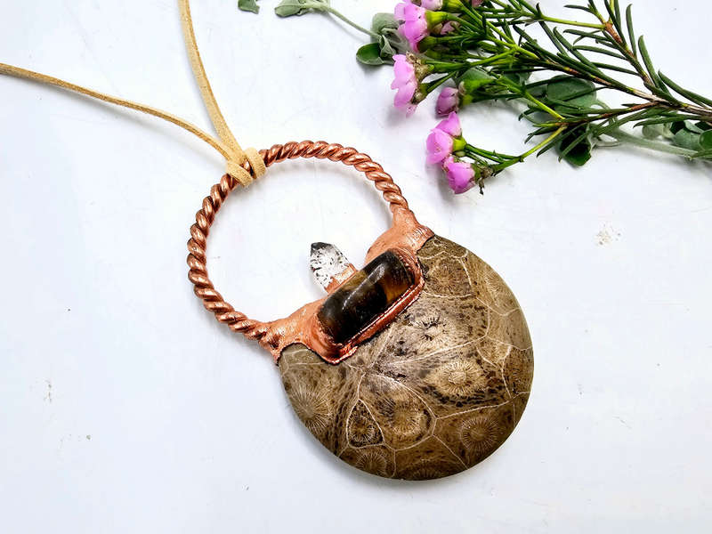 Agatized Coral, Tigers Eye &amp; Lepidocrocite Copper Pendant