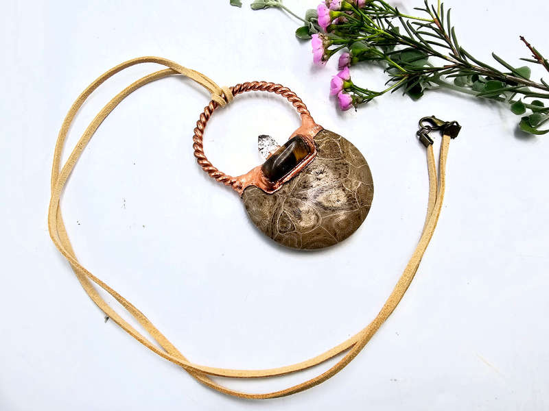 Agatized Coral, Tigers Eye &amp; Lepidocrocite Copper Pendant