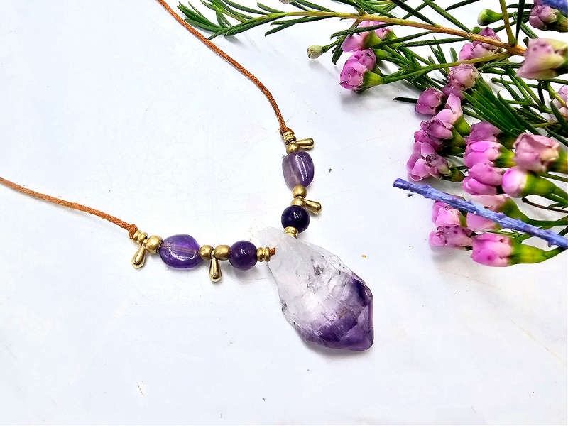 Amethyst Brass Drop Necklace Petite