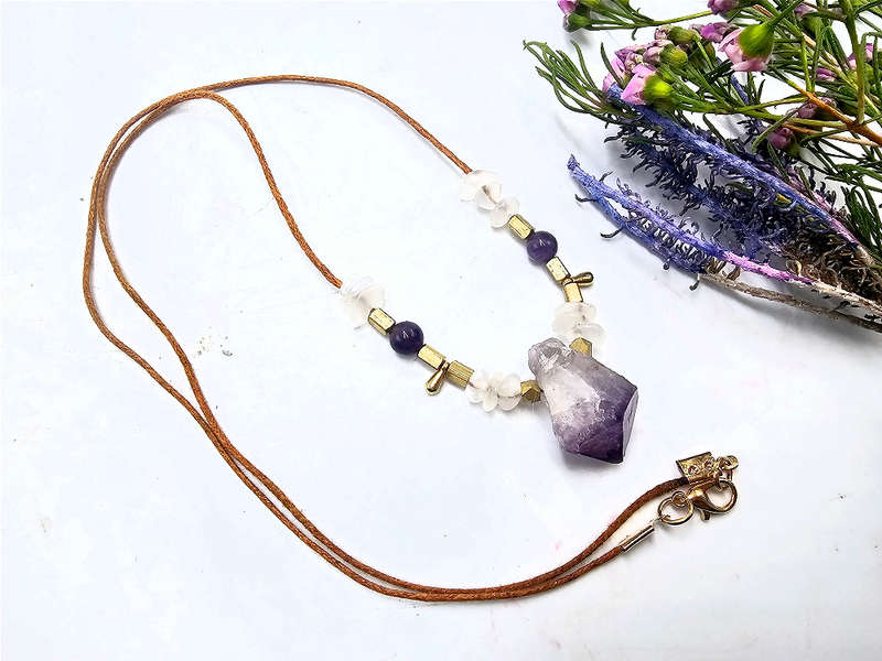 Amethyst Point Brass Drop Necklace Petite