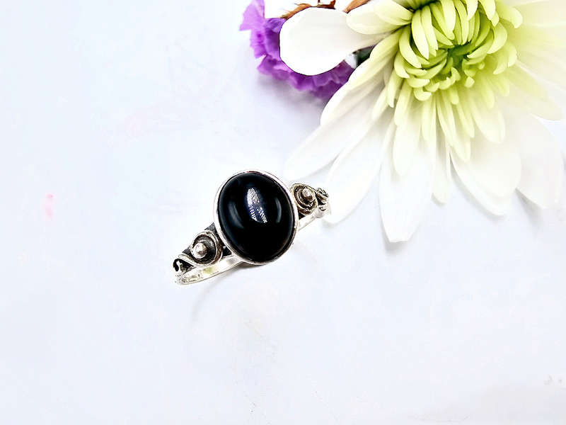 Black Onyx Ring Oval Swirl (925 Silver) M