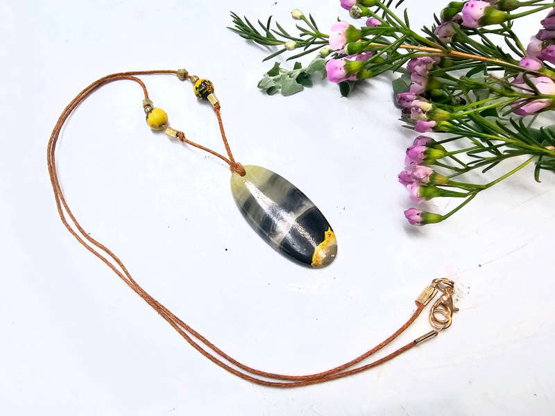 Bumble Bee Jasper Oval Brass Necklace Petite
