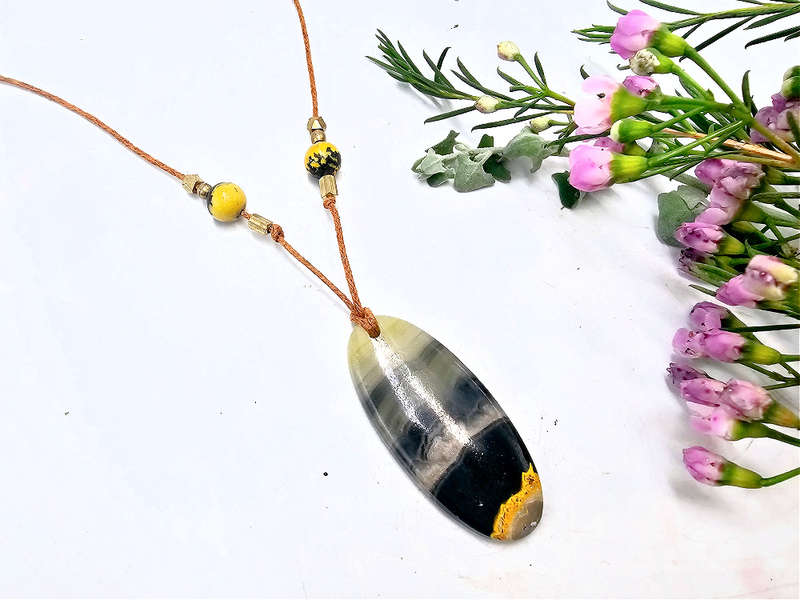 Bumble Bee Jasper Oval Brass Necklace Petite