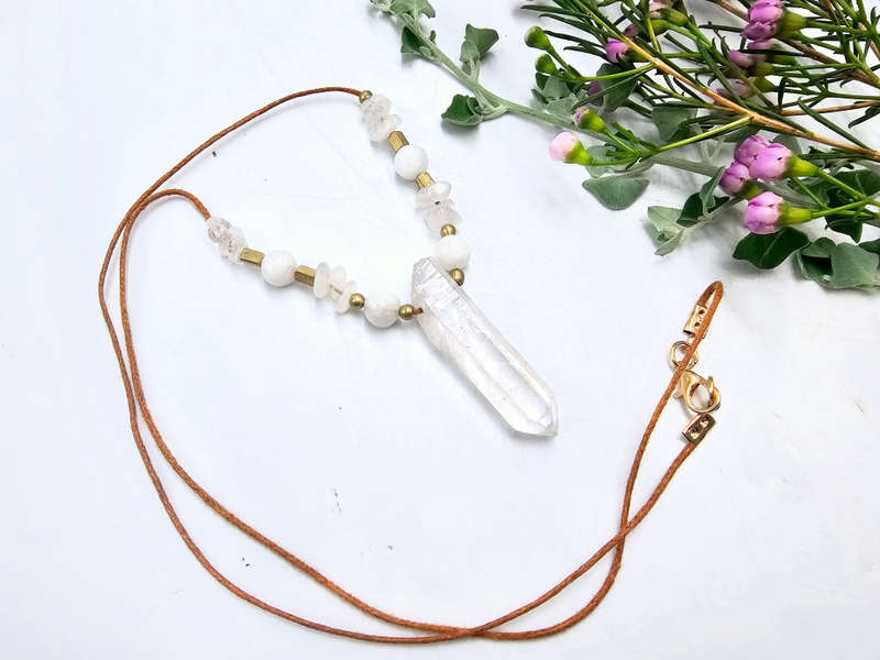 Clear Quartz Point Brass Necklace Petite