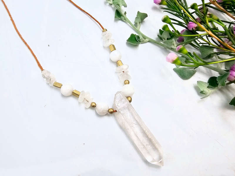 Clear Quartz Point Brass Necklace Petite