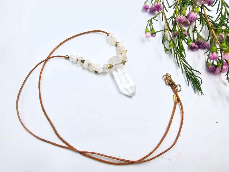Clear Quartz Point Plain Brass Necklace Petite