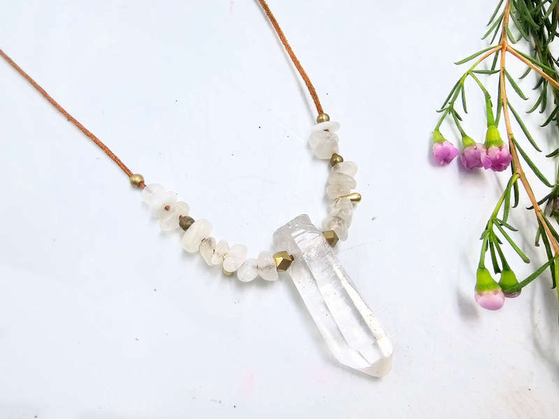 Clear Quartz Point Plain Brass Necklace Petite