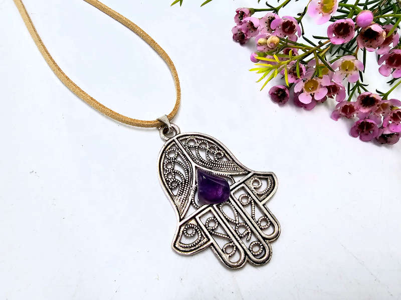 Hamsa Hand Amethyst Necklace