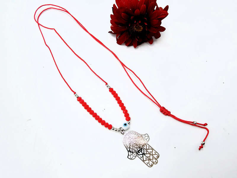 Hamsa Hand Necklace Red Evil Eye (Silver)