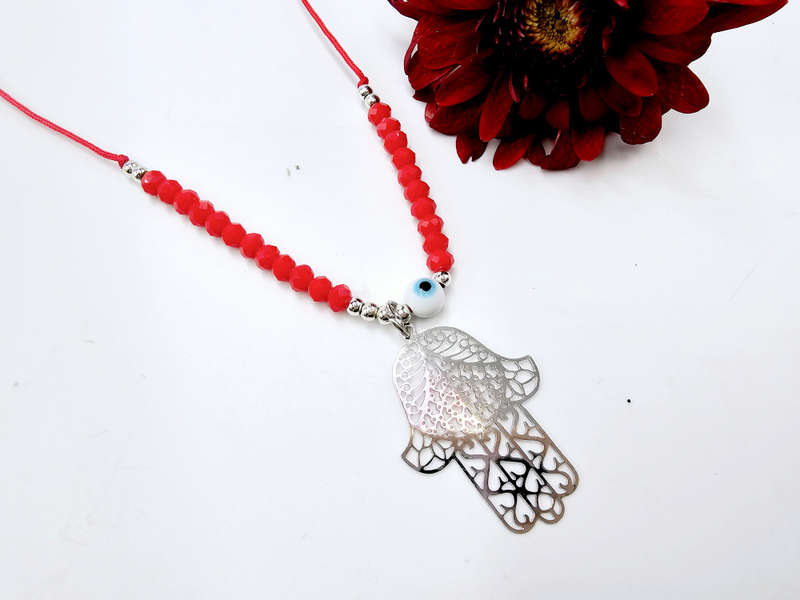 Hamsa Hand Necklace Red Evil Eye (Silver)