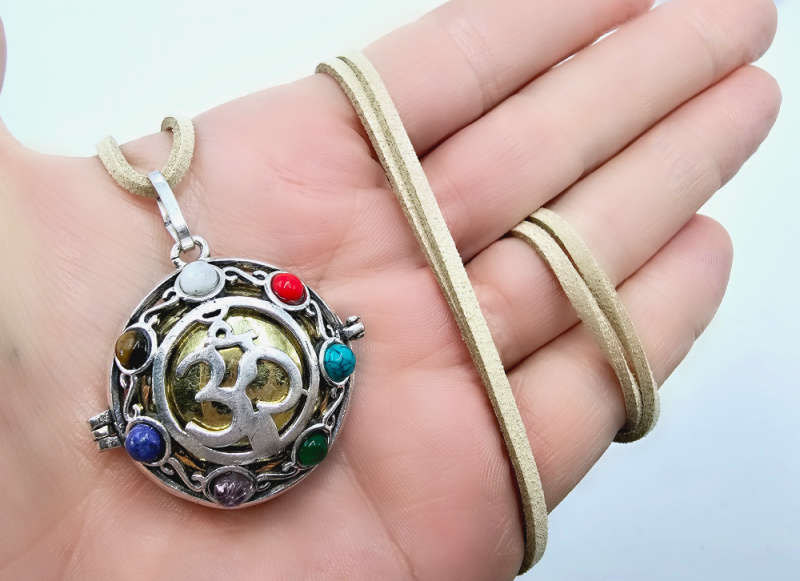 Harmony Bell Necklace OM Sign &amp; 7 Chakra Stones