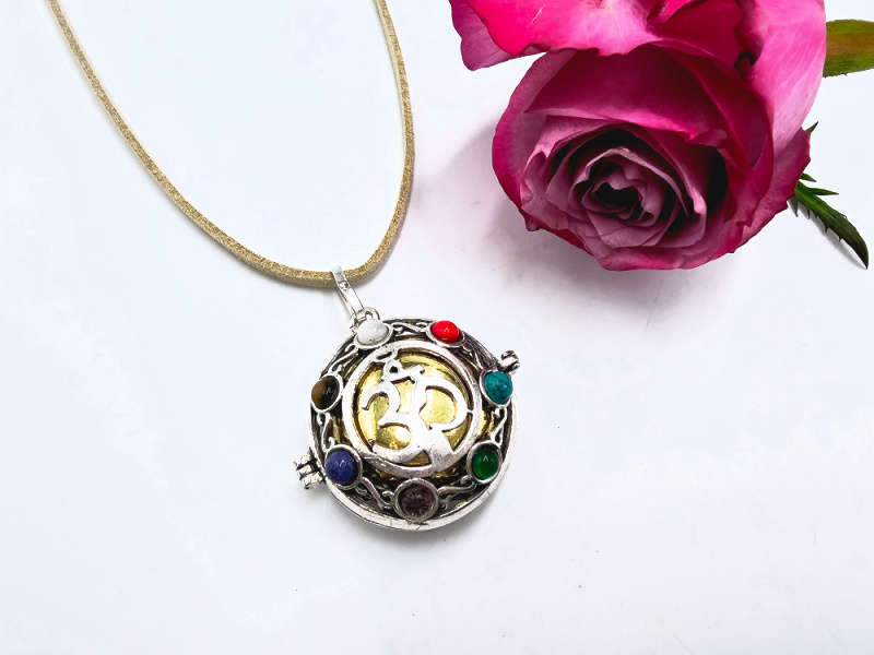 Harmony Bell Necklace OM Sign &amp; 7 Chakra Stones