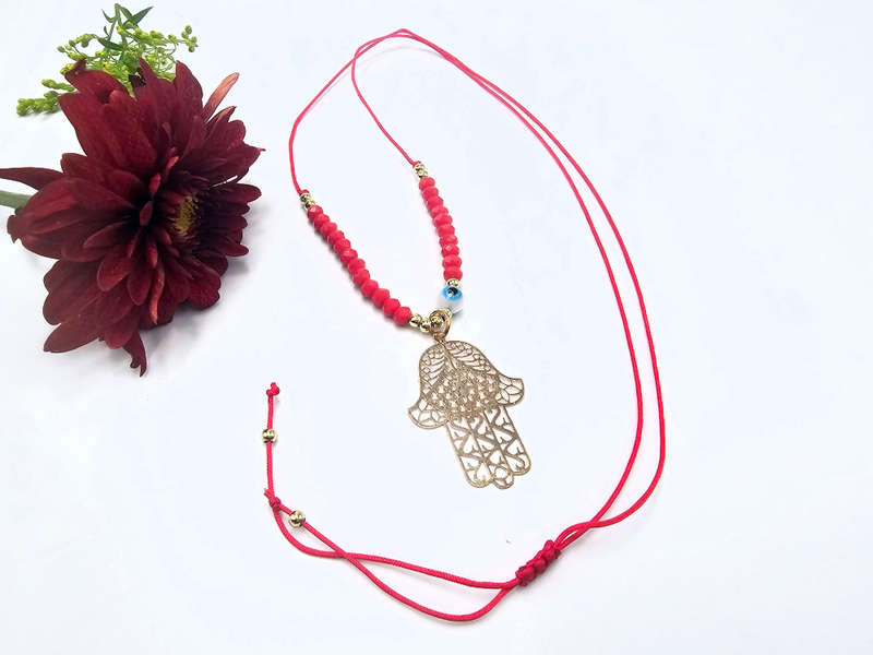 Hamsa Hand Necklace Red Evil Eye (Gold)