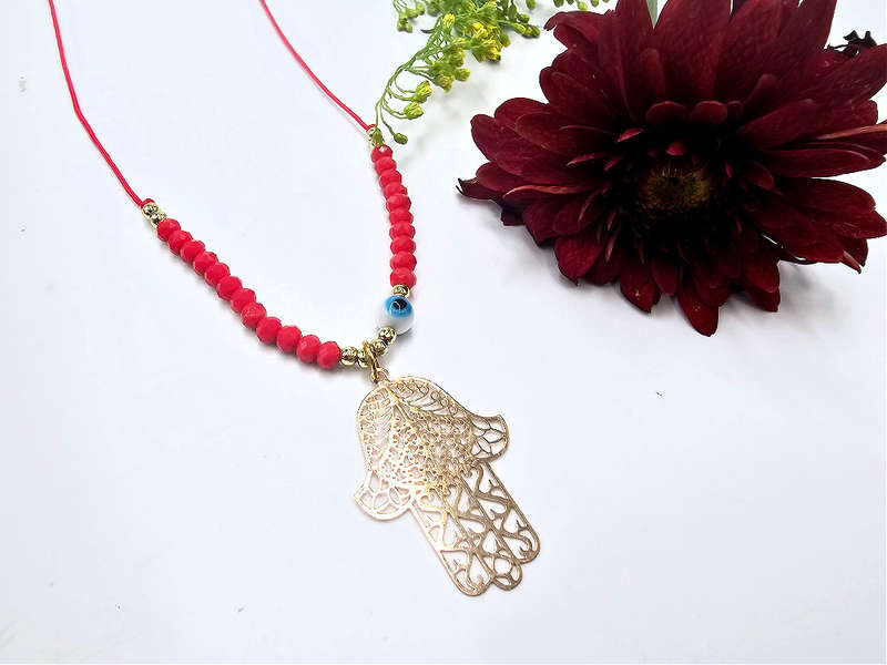 Hamsa Hand Necklace Red Evil Eye (Gold)