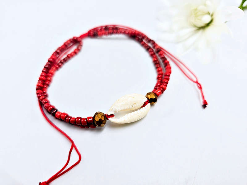 Cowrie Bangle with Red Beads