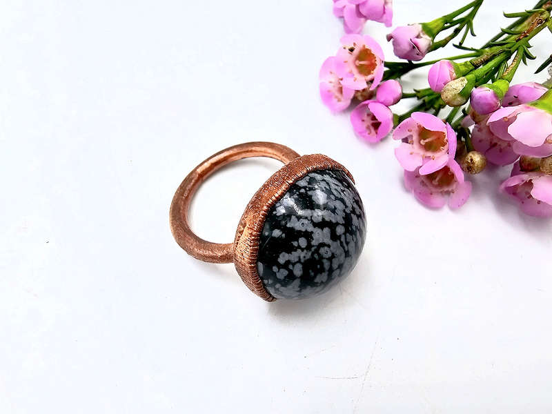 Snowflake Obsidian Copper Ring (L)