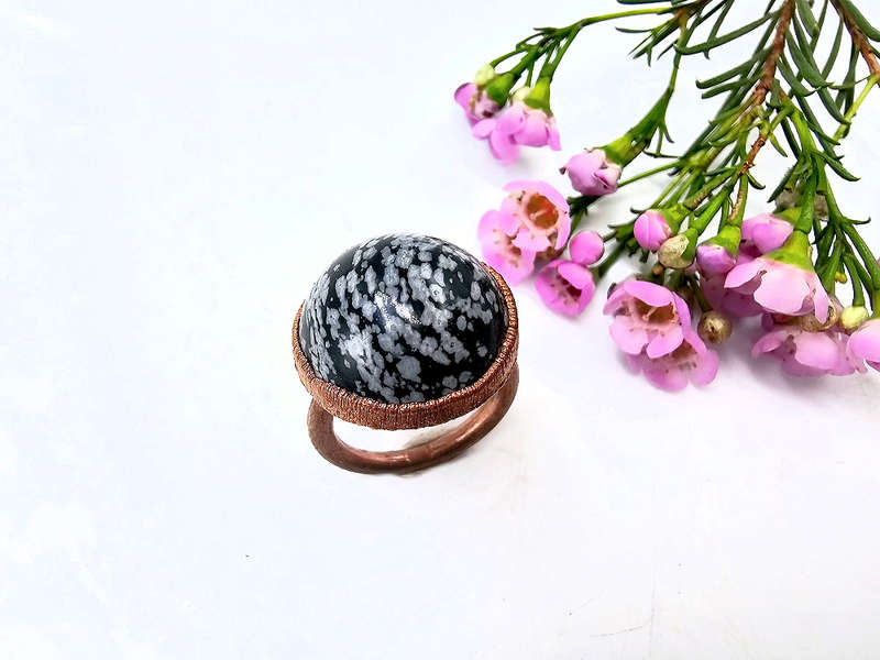 Snowflake Obsidian Copper Ring (L)