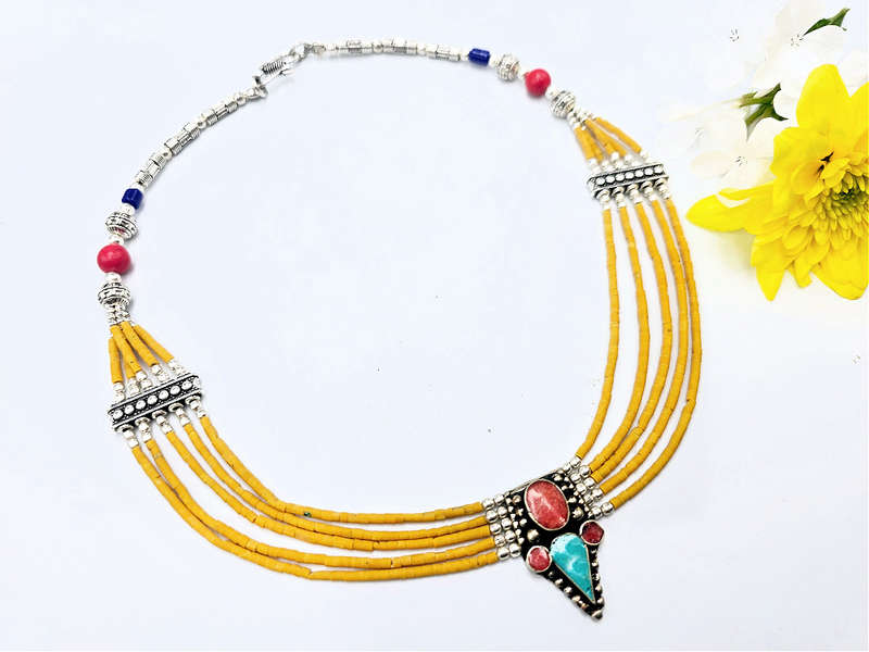 Tibetan Choker Necklace Layered Yellow