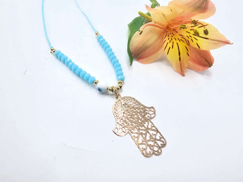 Hamsa Hand Necklace Blue Evil Eye (Gold)