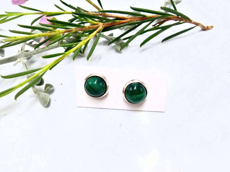 Green Malachite Stud Earrings (925 Silver)