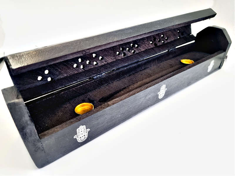 Wooden Incense Box Black Horizontal Hamsa Hand