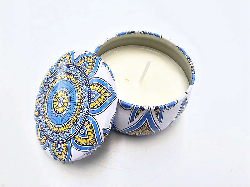 Scented Candle In A Tin (Blue &amp; White Mandala)