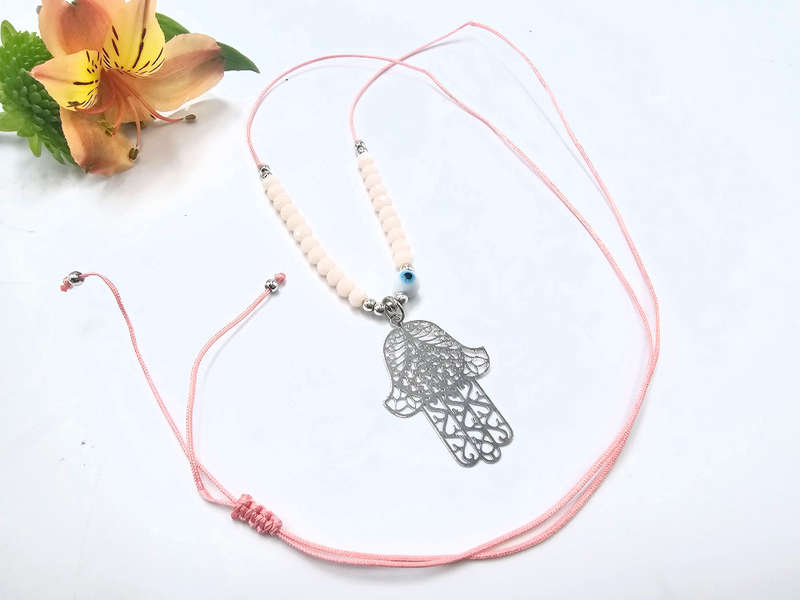 Hamsa Hand Necklace Pink Evil Eye (Silver)
