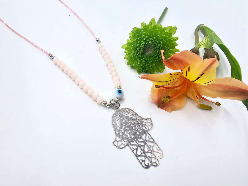 Hamsa Hand Necklace Pink Evil Eye (Silver)