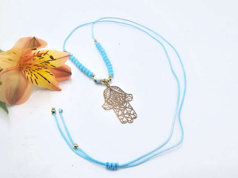 Hamsa Hand Necklace Blue Evil Eye (Gold)