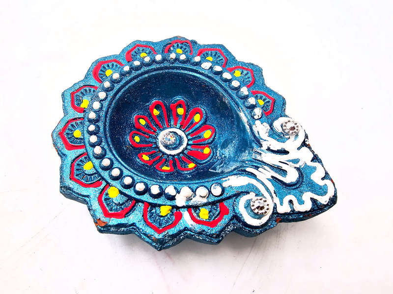Clay Diya Pot Fancey - Blue Round Flower (Single)