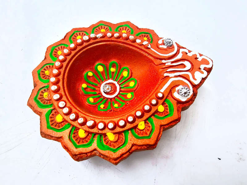 Clay Diya Pot Fancey - Orange Round Flower (Single)