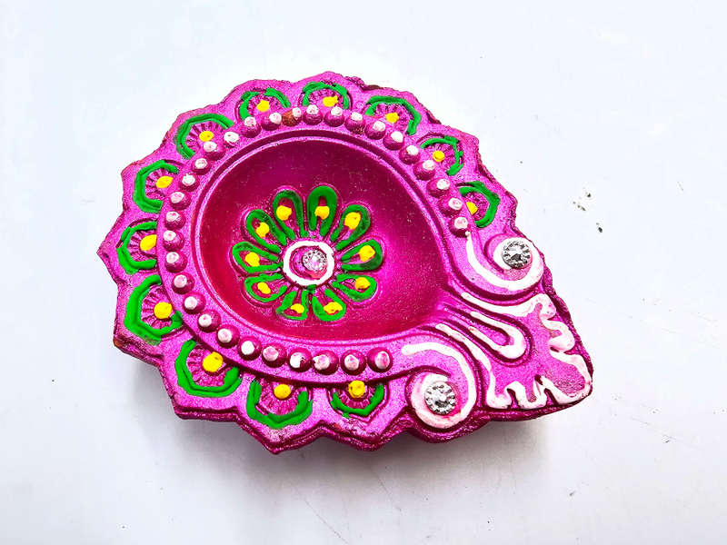 Clay Diya Pot Fancey - Pink Round Flower (Single)