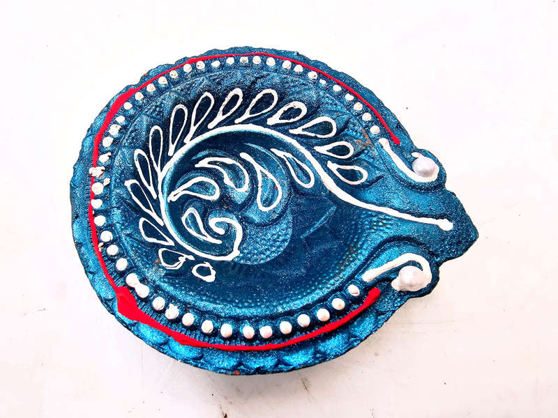 Clay Diya Pot Fancy - Blue Round Leaf (Single)