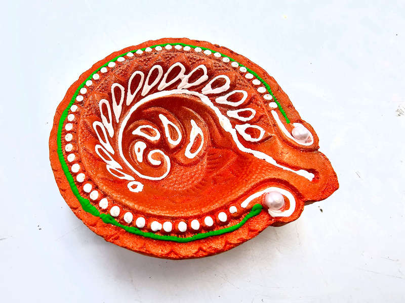 Clay Diya Pot Fancy - Orange Round Leaf (Single)