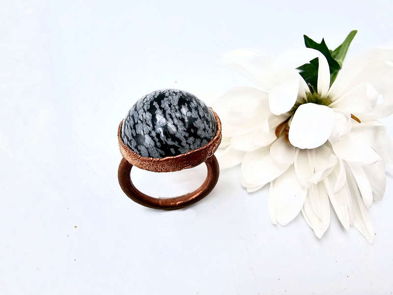 Snowflake Obsidian Copper Ring (M)